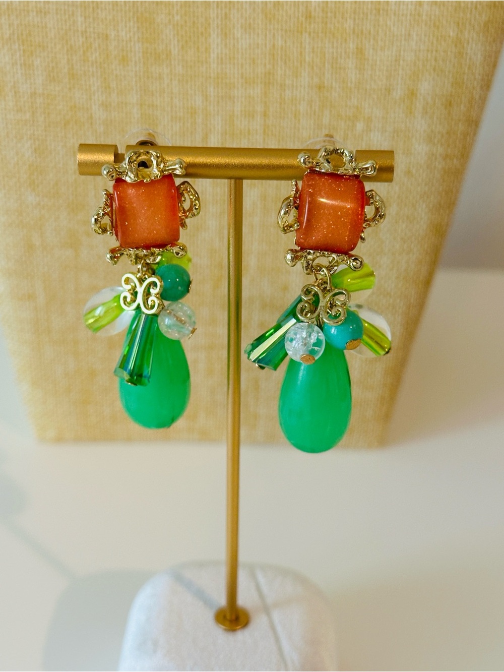 Fashion Jewelry Gold-Tone Earrings with Green Drops and Orange Accents